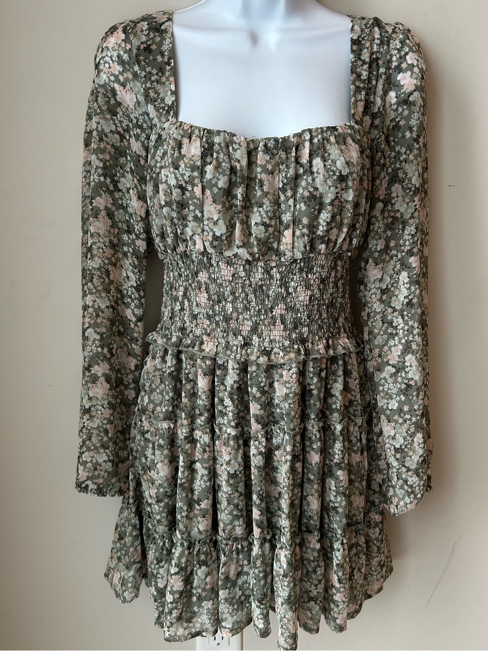 Trixxi Sage Green Floral Smocked Dress Y2K Cottagecore Fairycore Whimsical